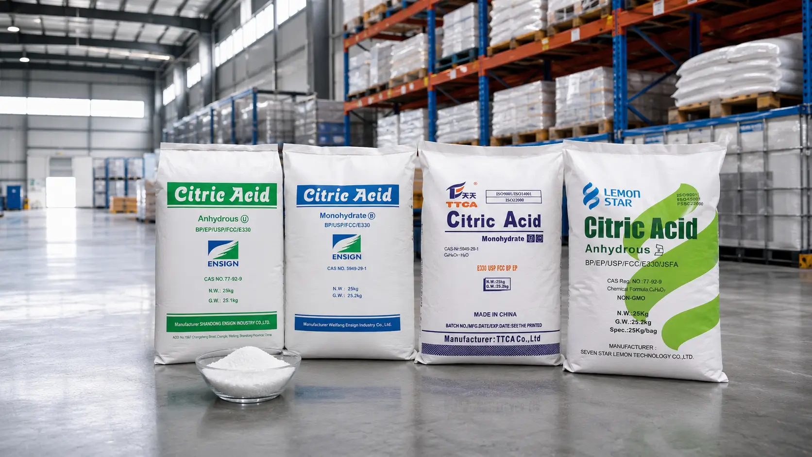 Citric acid products and industrial packaging