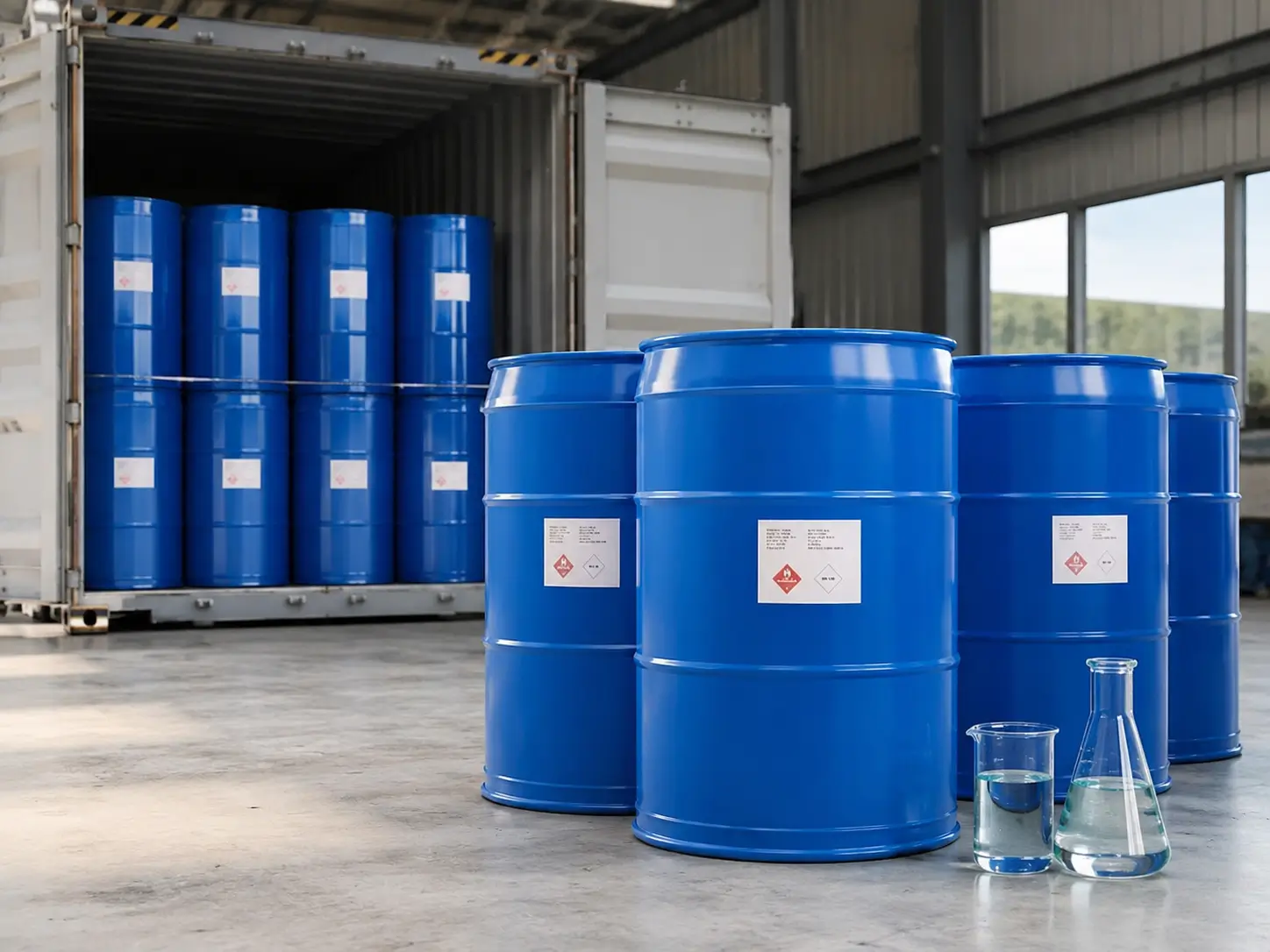 Ethanol chemical supply drums and industrial warehouse