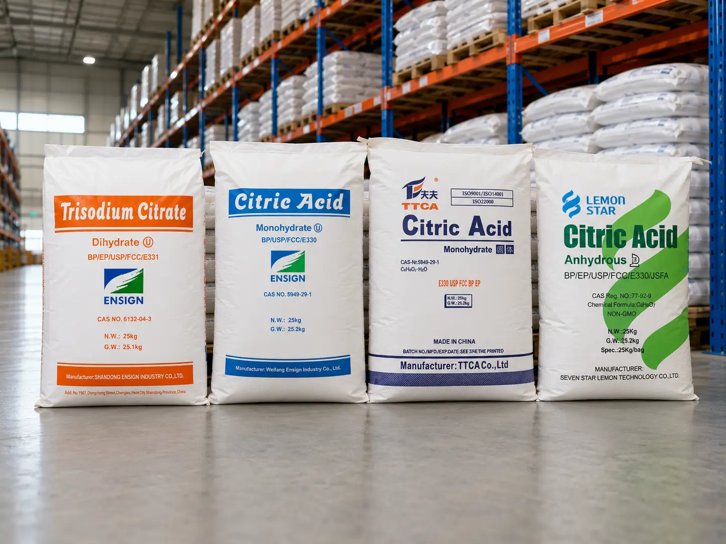 Citric acid supplier warehouse with product bags